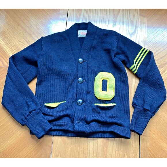 Vintage 60s Dehen 100% Wool Navy Varsity Cardigan -  Kids Size 4T - Picture 1 of 12